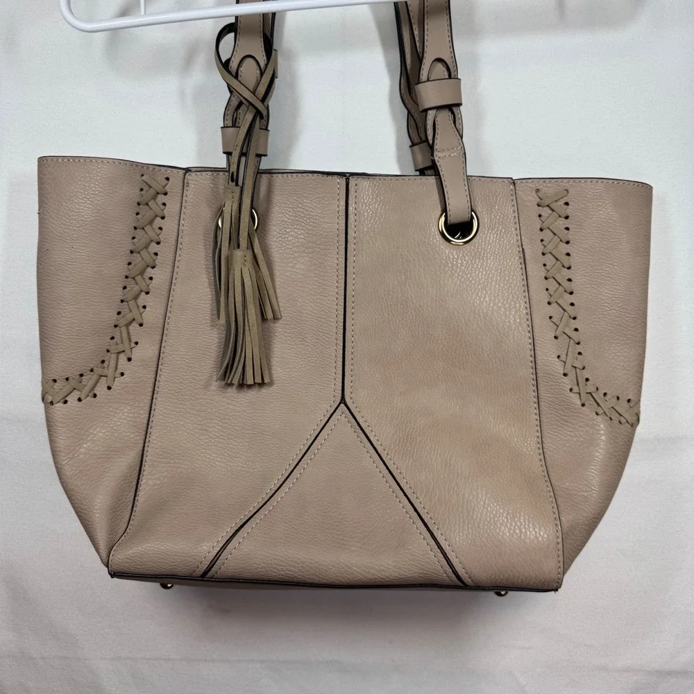 Mellow‎ World Vegan Leather Tote Bag Taupe Braided Detail Tassel Accent